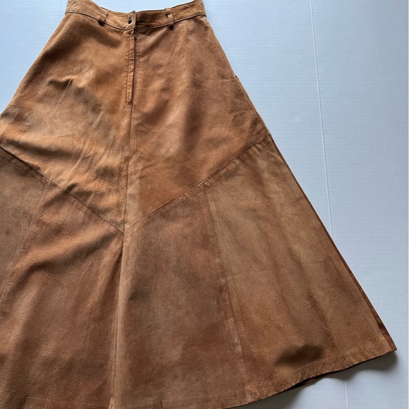 Vintage Laurence Roy Suede Leather A-Line High Waist Brown Long Midi Skirt - Picture 6 of 16